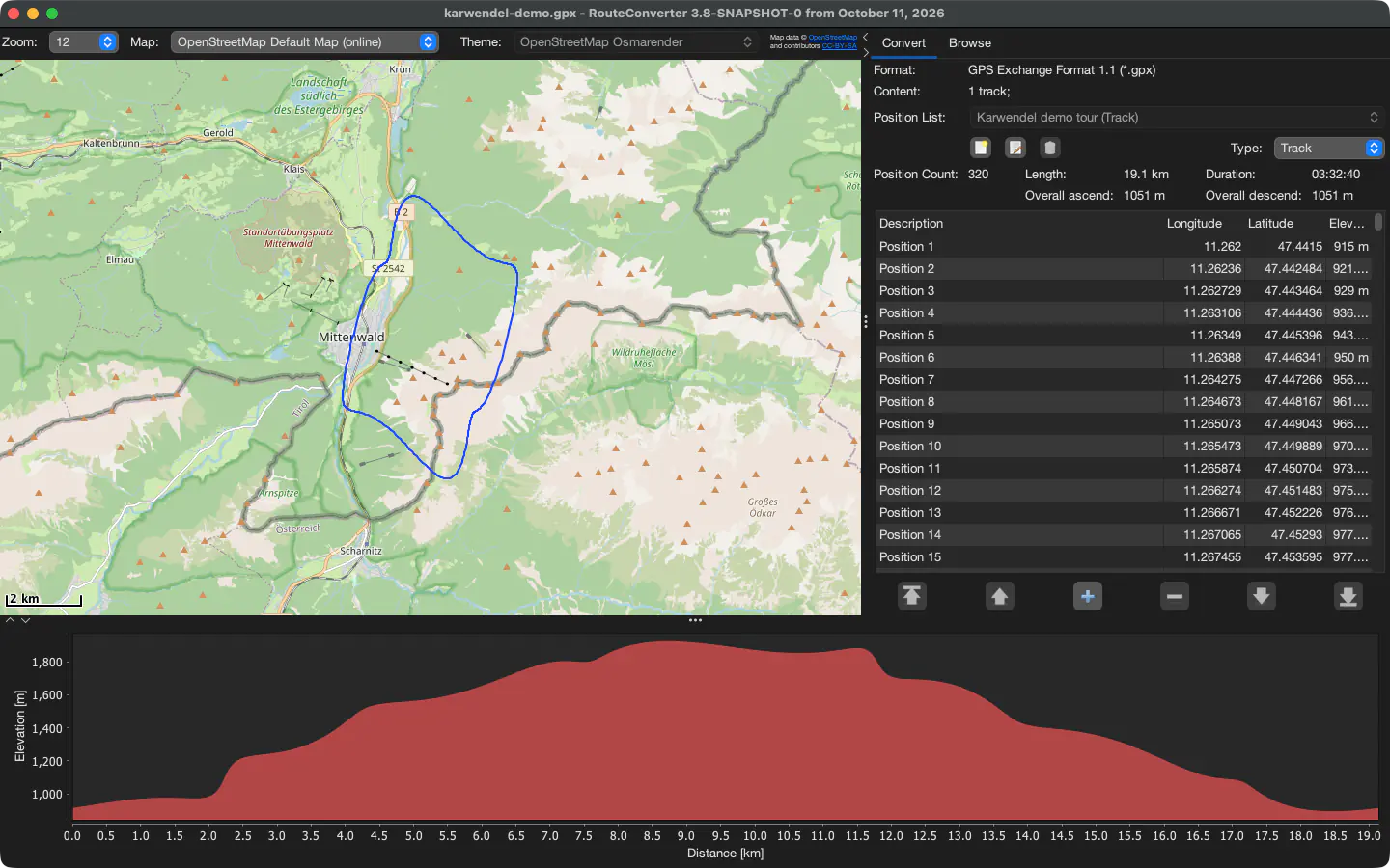 RouteConverter en macOS con una ruta de demostración cerca de Mittenwald, su lista de posiciones y el perfil de altitud
