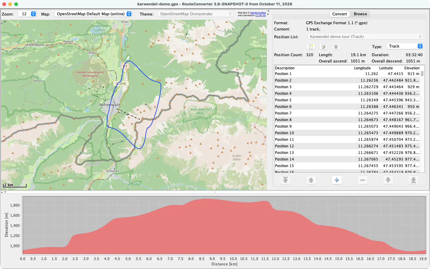 RouteConverter en macOS con una ruta de demostración cerca de Mittenwald, su lista de posiciones y el perfil de altitud