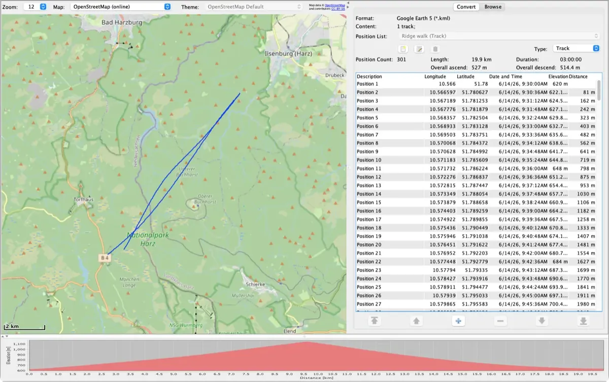 RouteConverter mostrando en el mapa un track KML de Google Earth de una caminata por una cresta en el Harz, con su lista de posiciones y su perfil de altitud