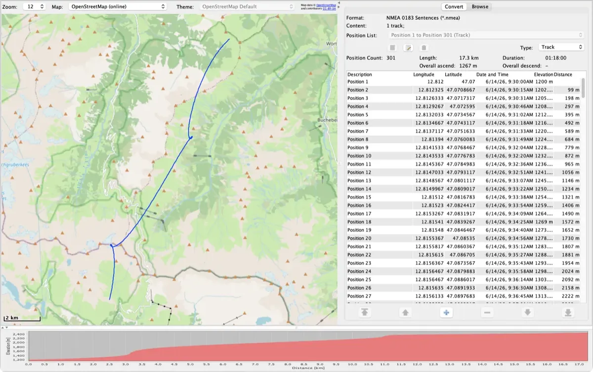 RouteConverter mostrando en el mapa un track NMEA de una carretera de puerto alpino, con su lista de posiciones y su perfil de altitud