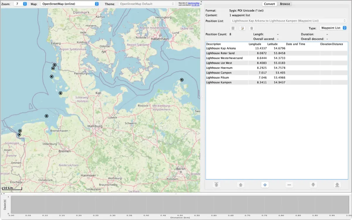 RouteConverter mostrando en el mapa, como puntos, un archivo de POI Sygic con faros de la costa alemana, junto con su lista de posiciones